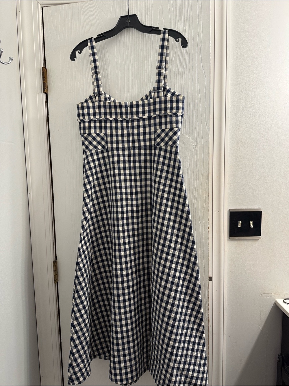 NWT! Veronica Beard Aila Gingham Square-Neck Midi Dress in Navy and White - Picture 6 of 12